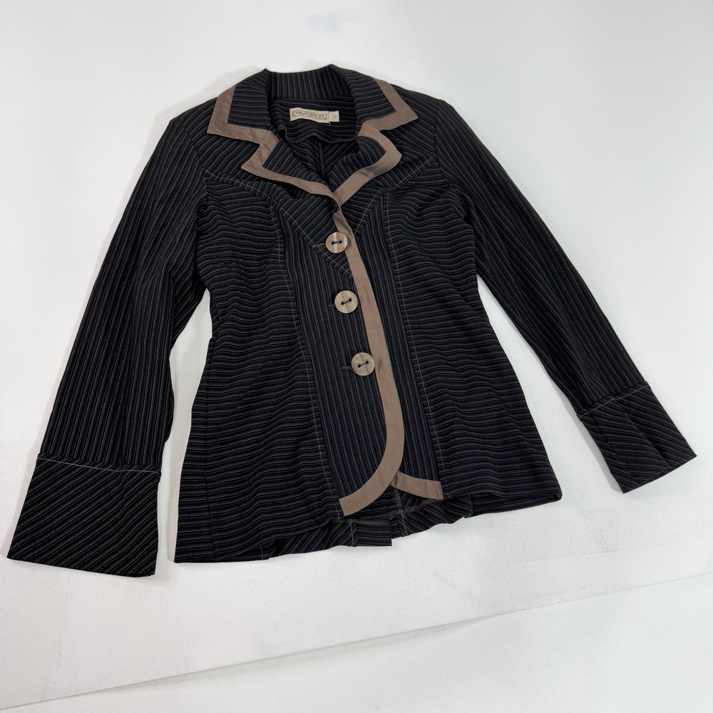 Canvasbacks Blazer Womens Large Black Pinstripe Contrast Trim 3 Button Made USA